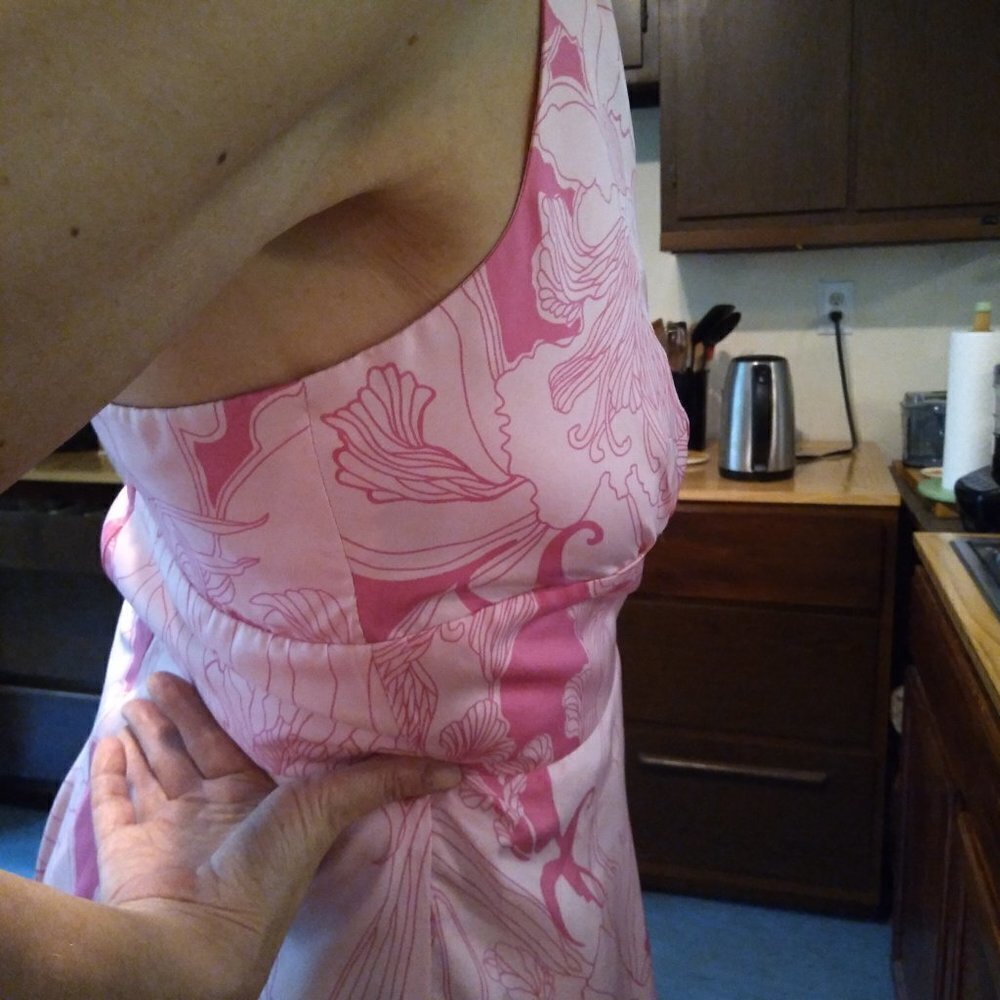Maggie London Pink on Pink Silk Halter Circle Dress Retro Floral Femme Fun! Sz12 - Picture 7 of 8